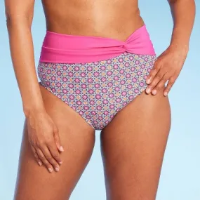 New - Lands' End Women's UPF 50 Full Coverage Geo Print High Waist Twist-Front Bikini Bottom - Pink/Orange L