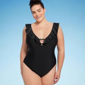 New - Shade & Shore Women's Plus Plunge One Piece Swimsuit Ruffle Swimwear