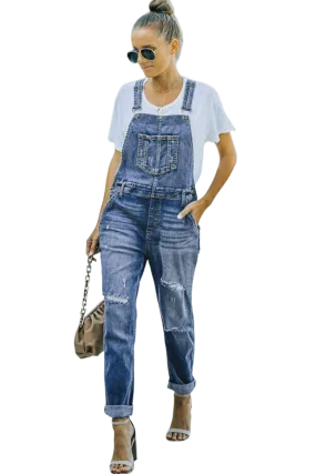 Pocketed Distressed Denim Overalls