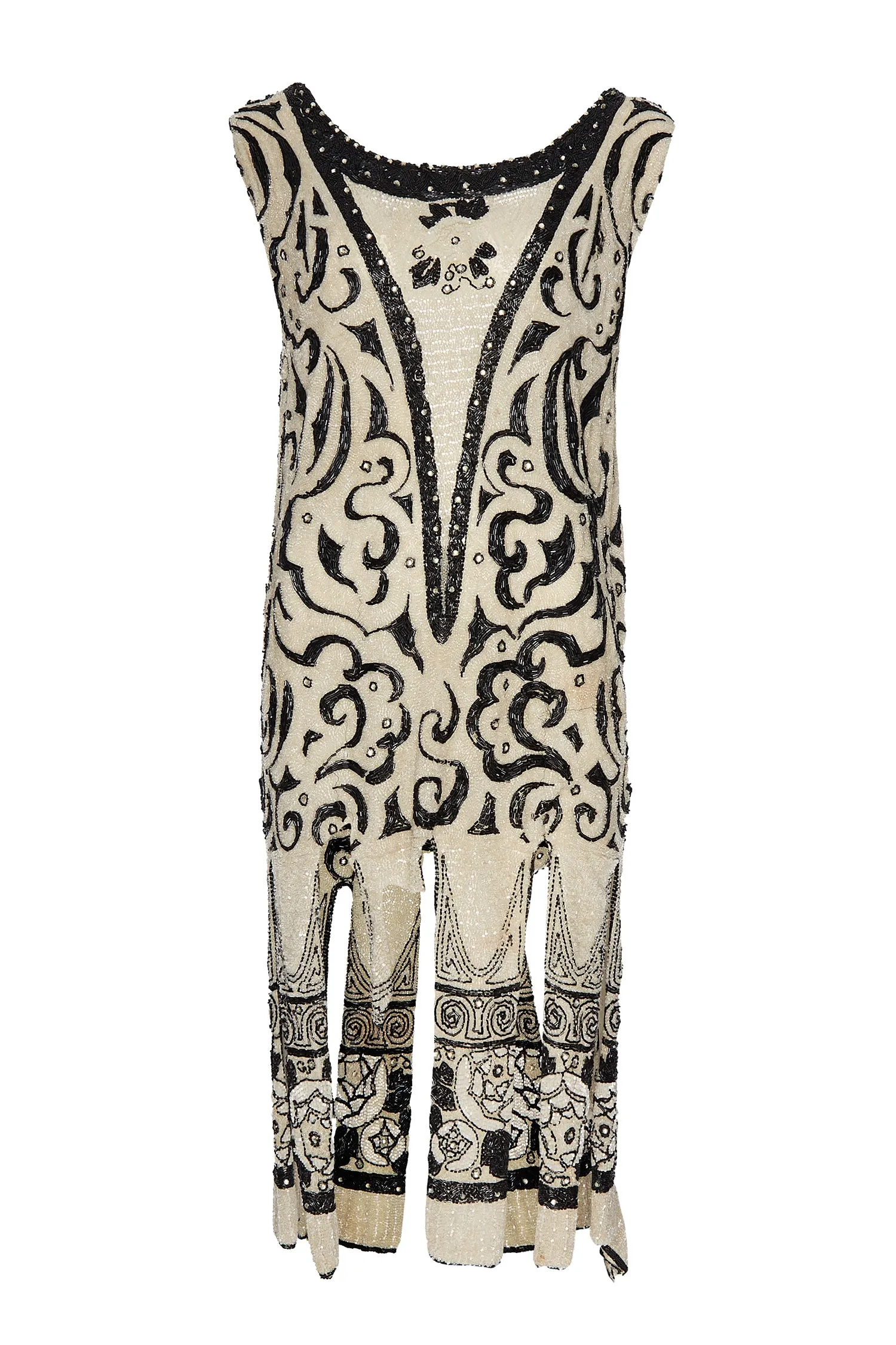 1920s Hand Beaded Swirl Patterned Fringe Dress