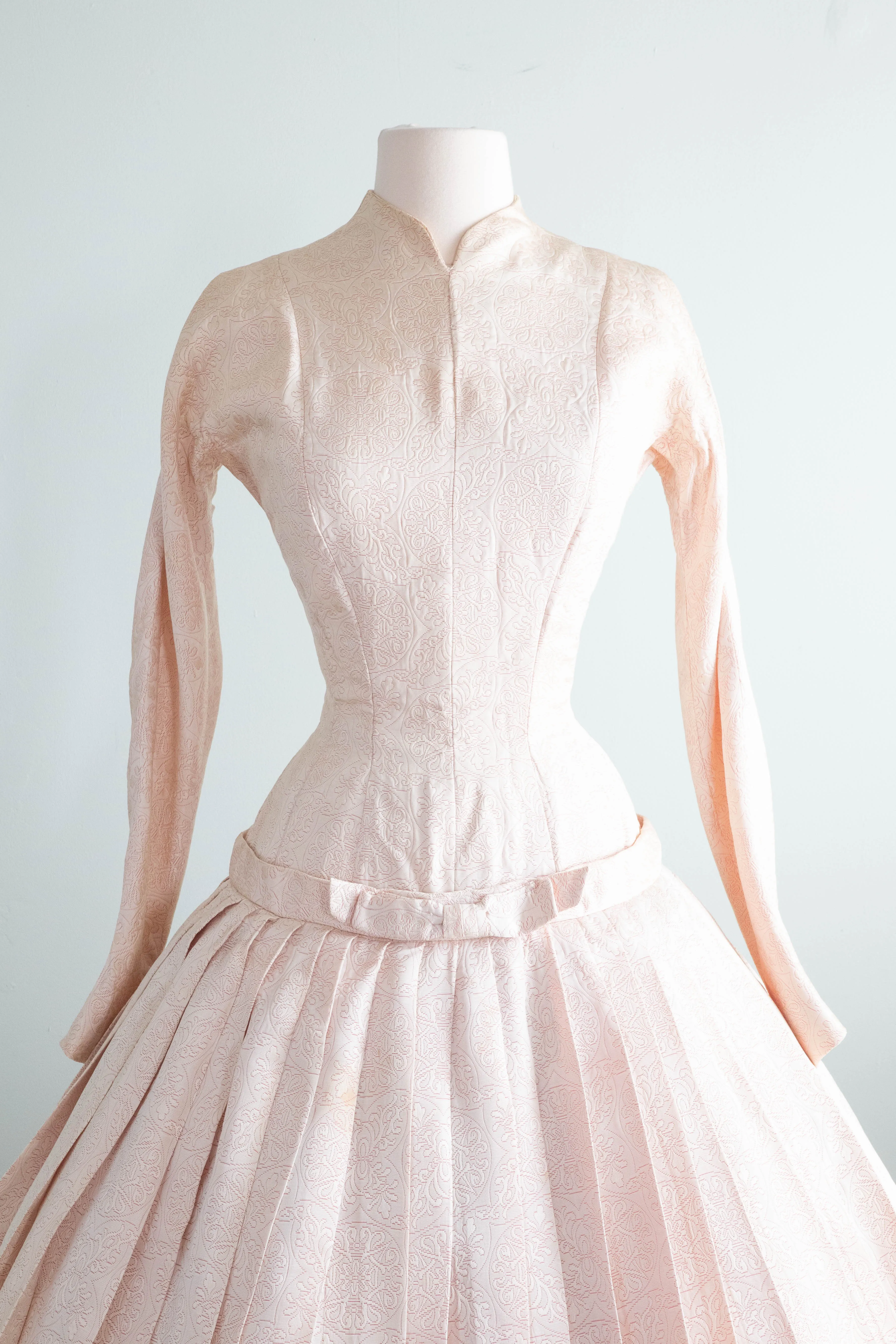 1950's Pretty In Pink Brocade Cocktail Dress With Dropped Waist and Bow / Small