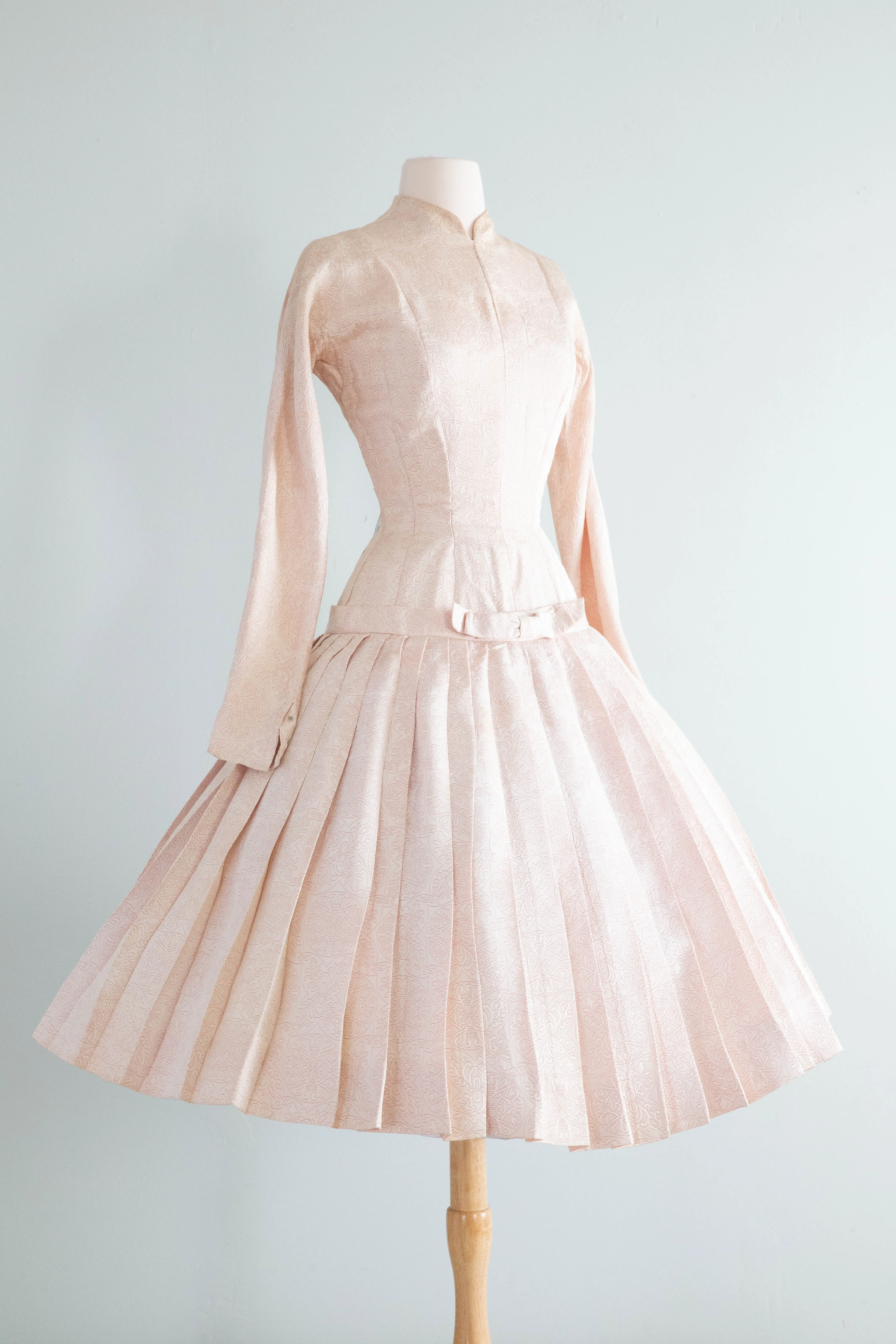 1950's Pretty In Pink Brocade Cocktail Dress With Dropped Waist and Bow / Small