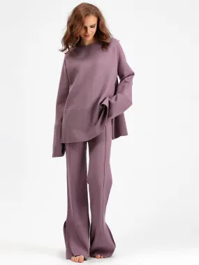 Basic Bae Slit Round Neck Long Sleeve Top and Drawstring Pants Sweater Set