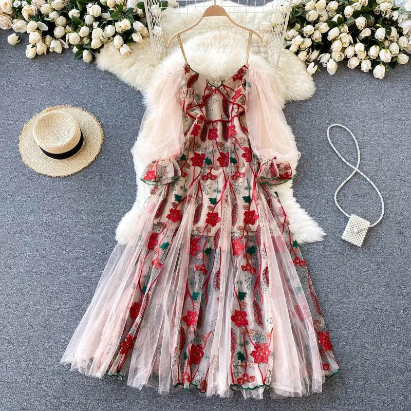 Bohemian Embroidery Flower Dress, Spaghetti Strap Puff Sleeve Maxi Dress