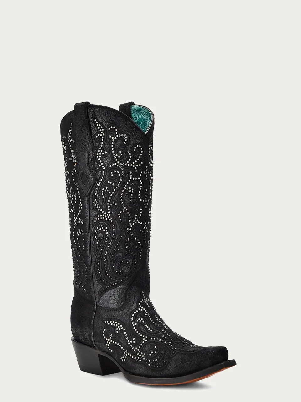 C4100 - WOMEN'S BLACK OVERLAY WITH CRYSTALS TALL TOP SNIP TOE COWBOY BOOT