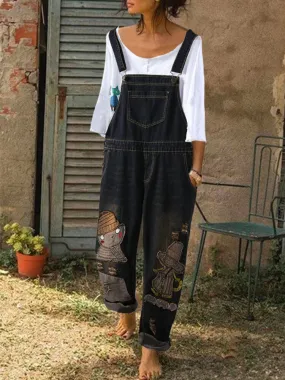 Cute Cartoon Collage Denim Overalls