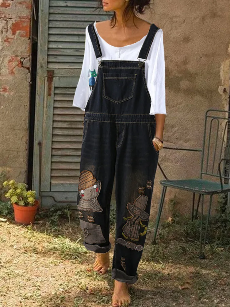 Cute Cartoon Collage Denim Overalls