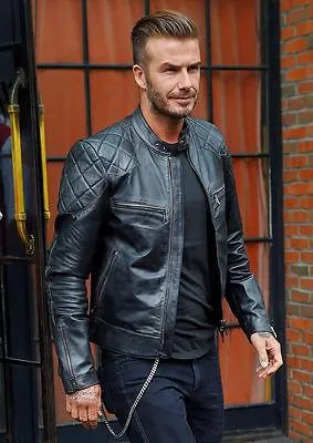 David Beckham Black Motorcycle Genuine Real Leather Slim Fit Biker Jacket