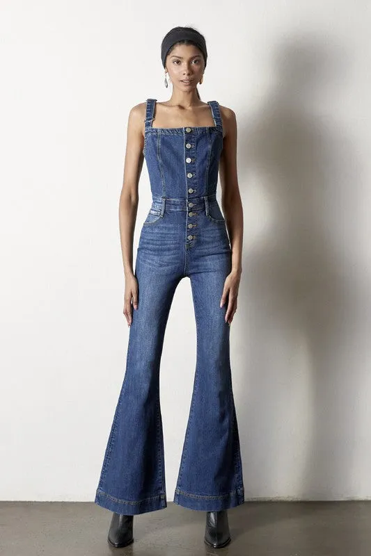 Denim Lab USA Front Buttons Flare Denim Overalls