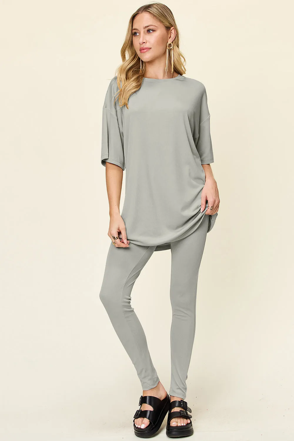 Double Take Full Size Round Neck Dropped Shoulder T-Shirt and Leggings Set