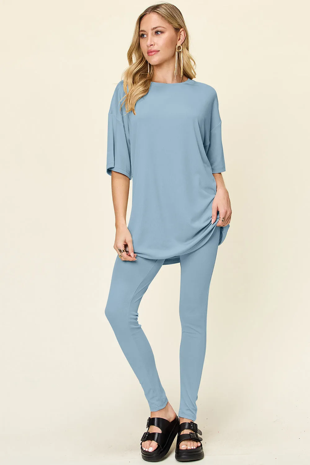 Double Take Full Size Round Neck Dropped Shoulder T-Shirt and Leggings Set