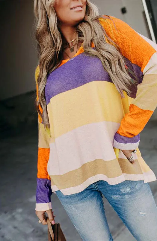 Fashion casual round neck striped color-block sweater