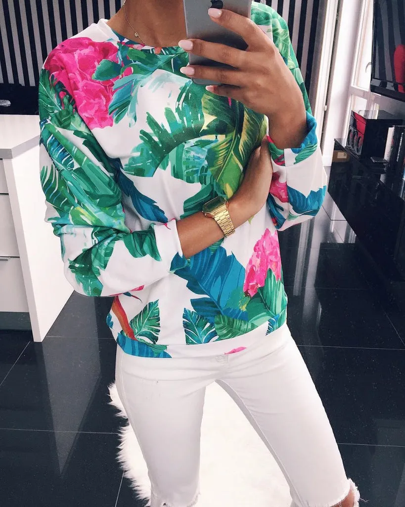 Fashion leisure plant print round neck long sleeve sweater