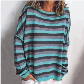 Fashion striped round neck long sleeve loose women's sweater