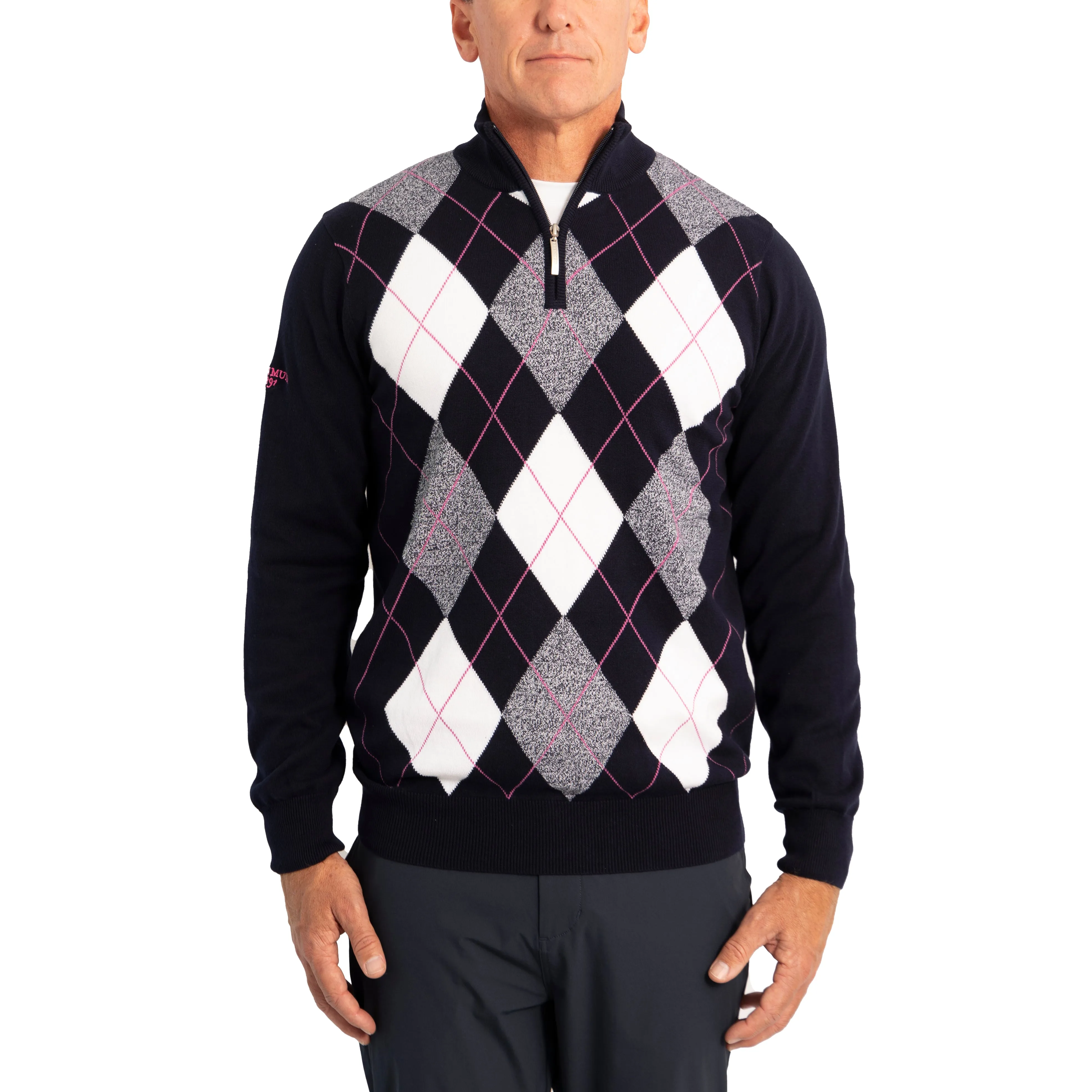 Glenmuir Lauder Quarter Zip Diamond Argyle Cotton Golf Pullover - Navy/ White