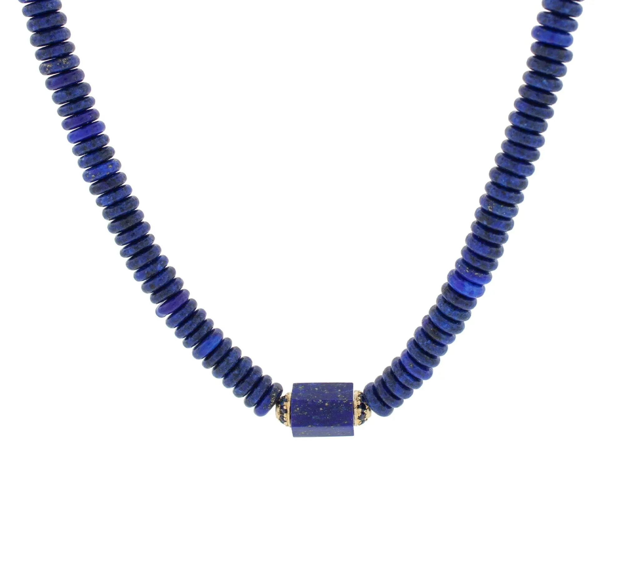 Hexagon Lapis Bolt with Blue Sapphires on Lapis Necklace