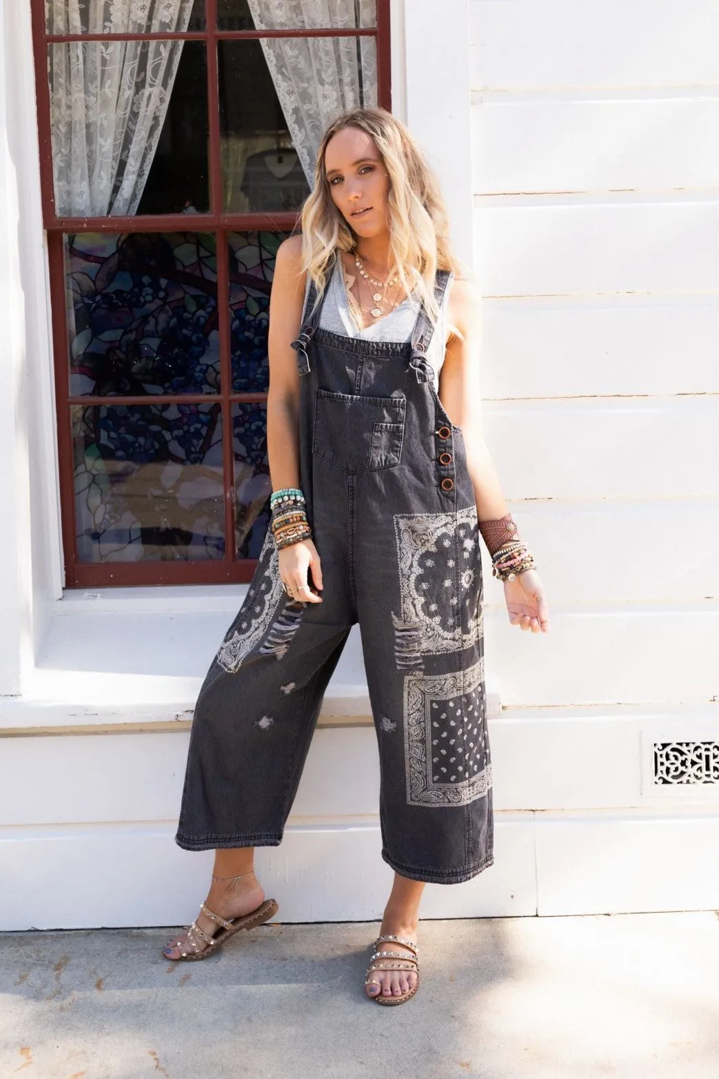 High Hopes Slouchy Denim Overalls - Black Bandana