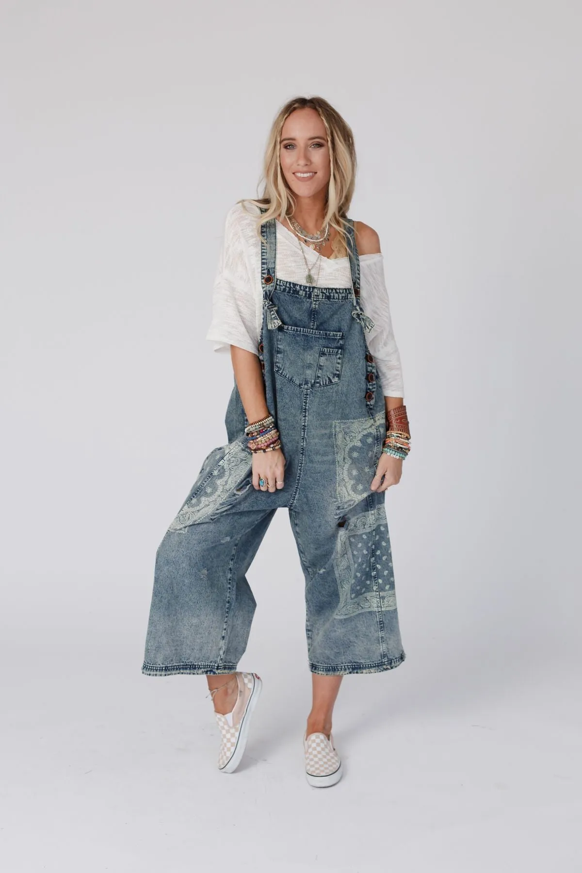 High Hopes Slouchy Denim Overalls - Denim Bandana