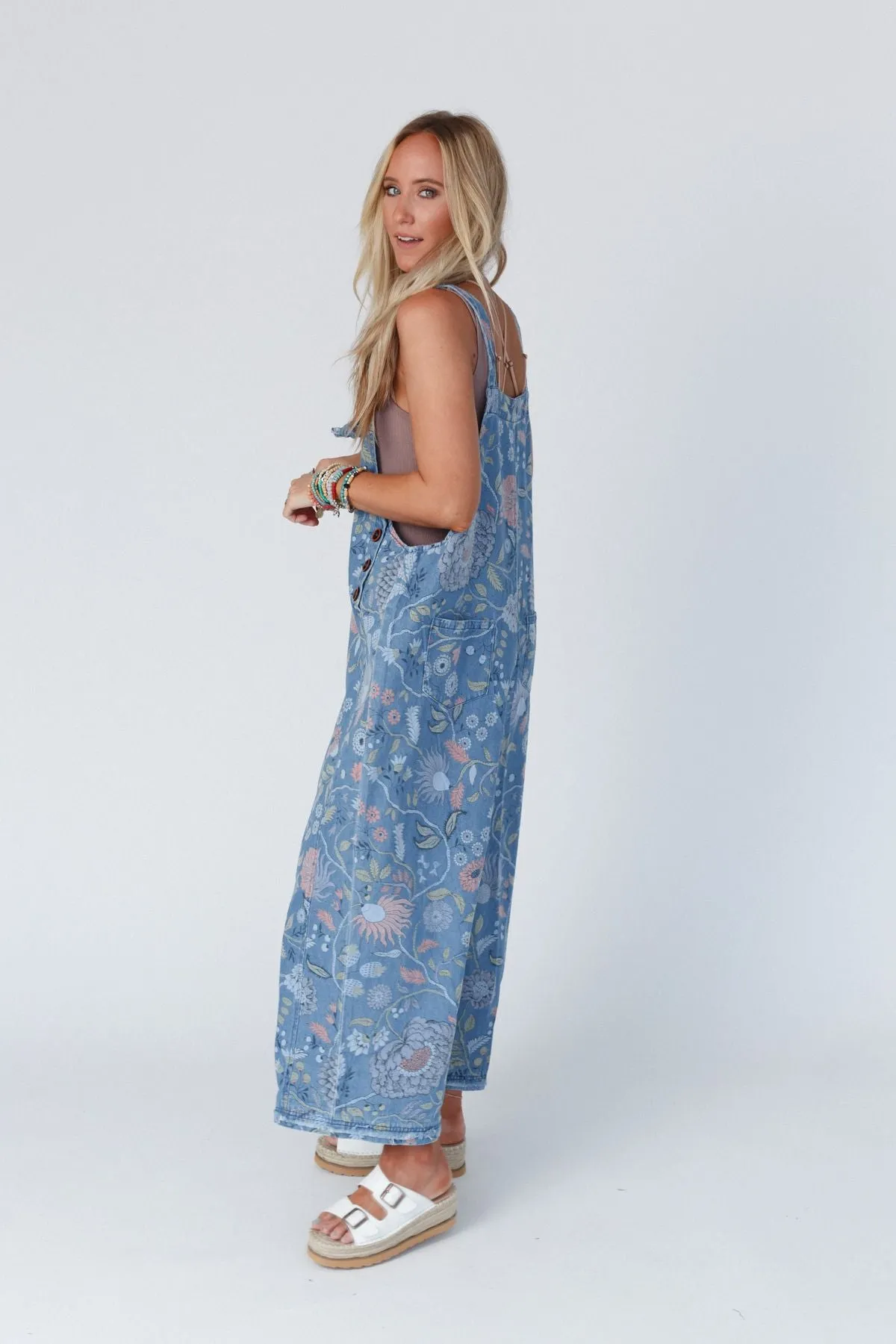 High Hopes Slouchy Denim Overalls - Floral Blue Denim