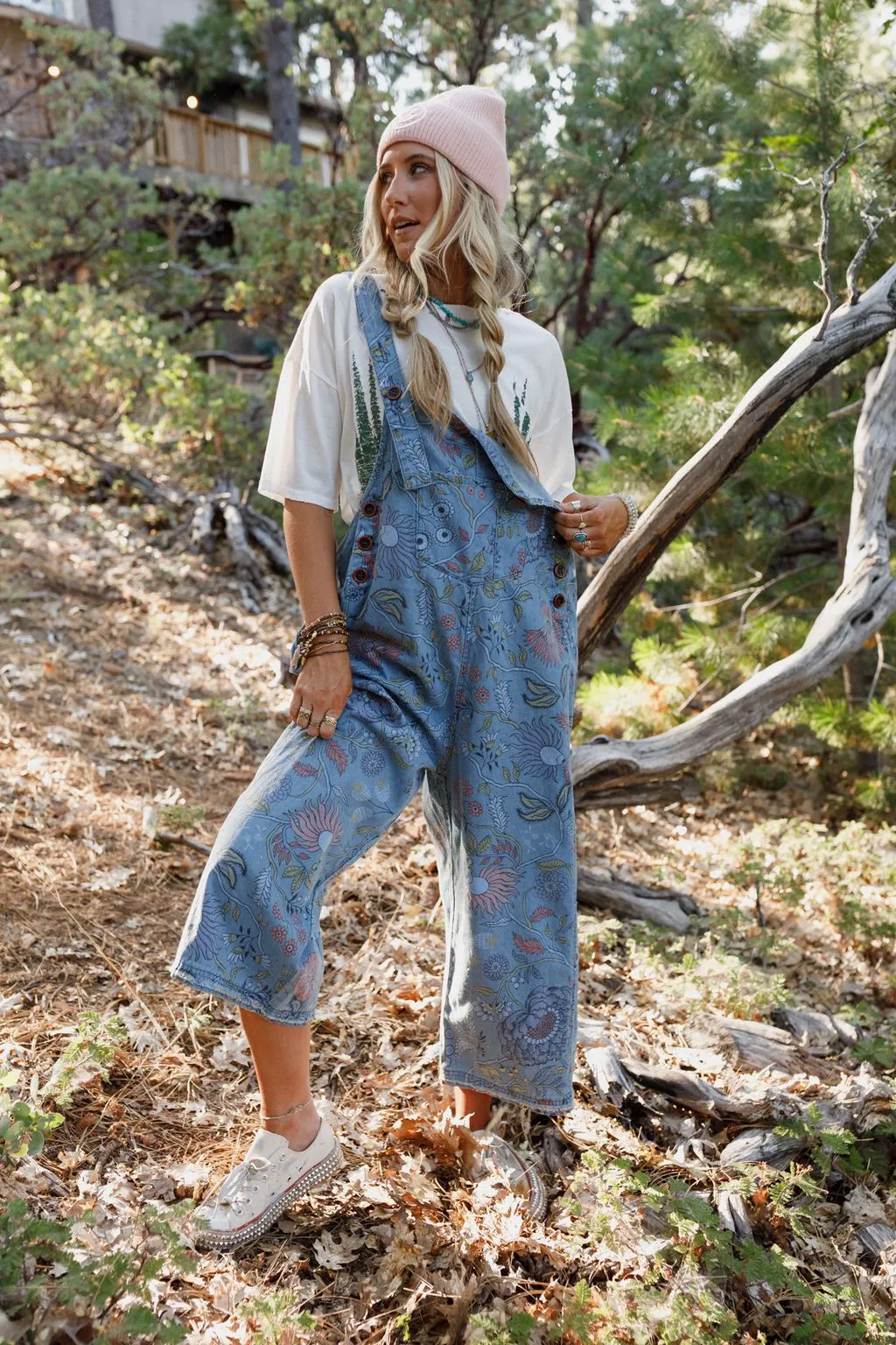 High Hopes Slouchy Denim Overalls - Floral Blue Denim