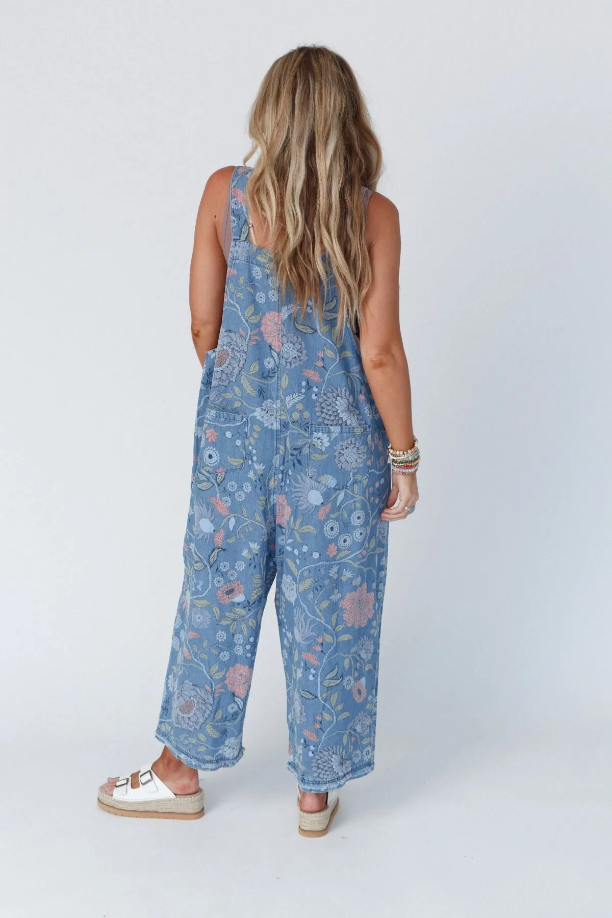 High Hopes Slouchy Denim Overalls - Floral Blue Denim