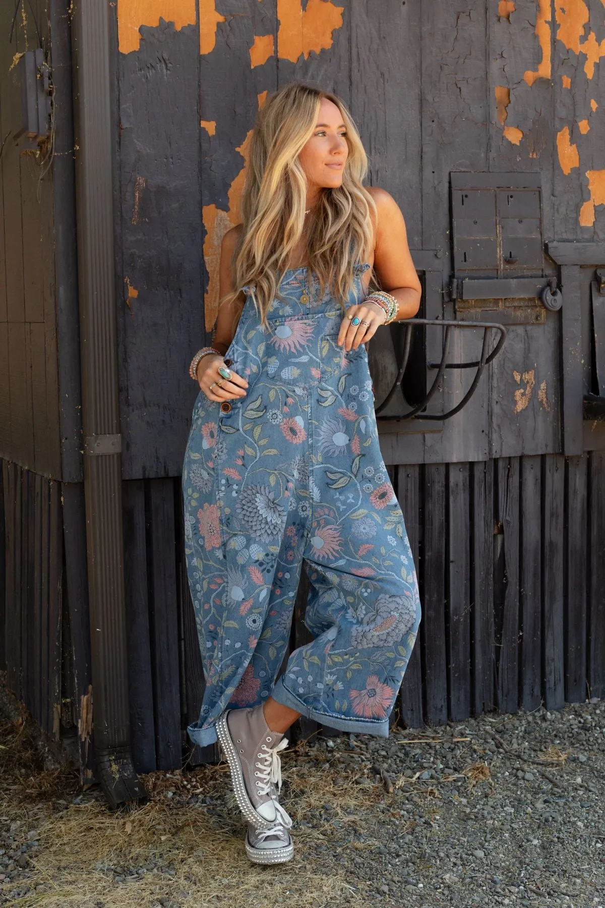 High Hopes Slouchy Denim Overalls - Floral Blue Denim