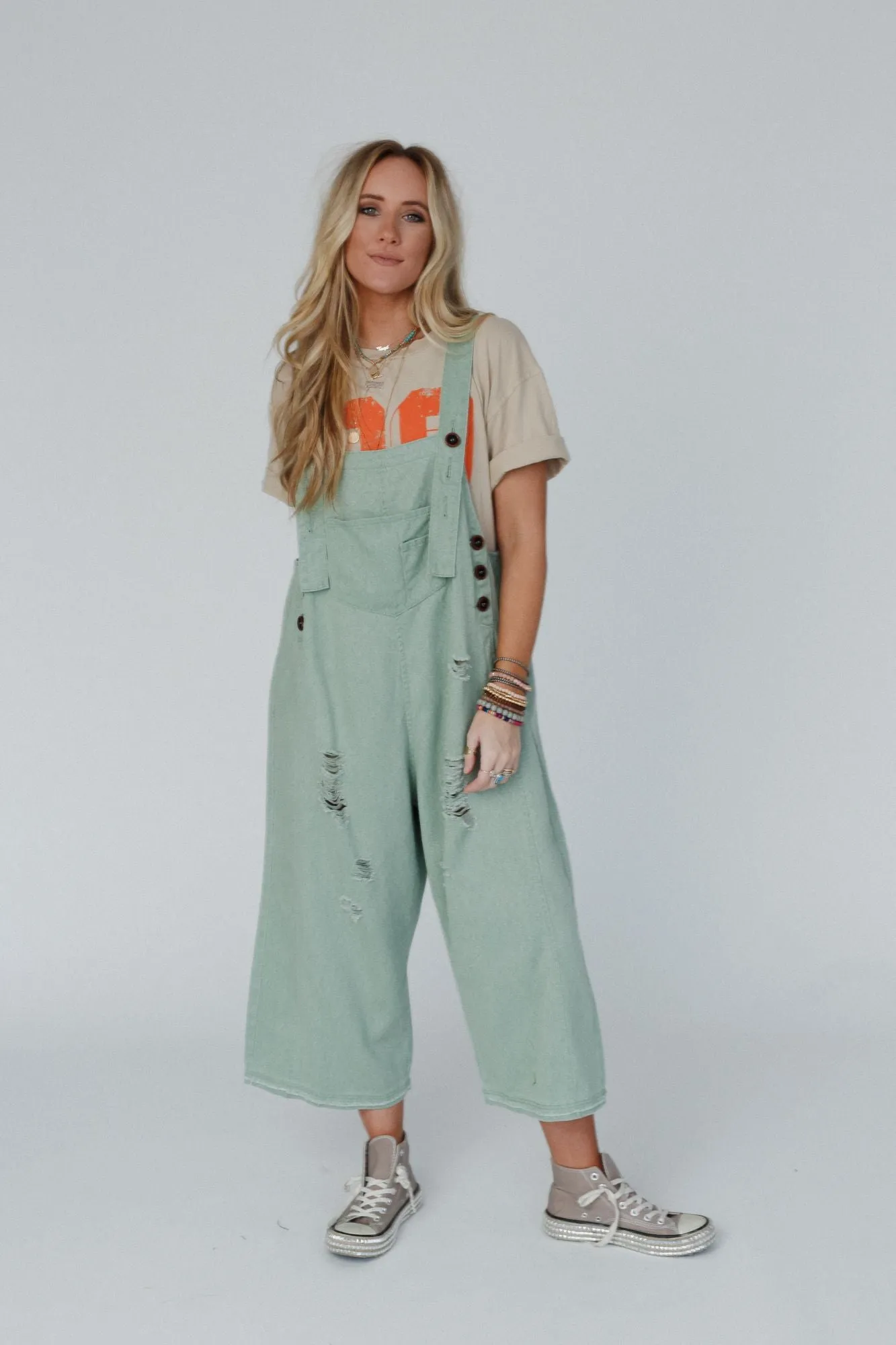 High Hopes Slouchy Denim Overalls - Sage