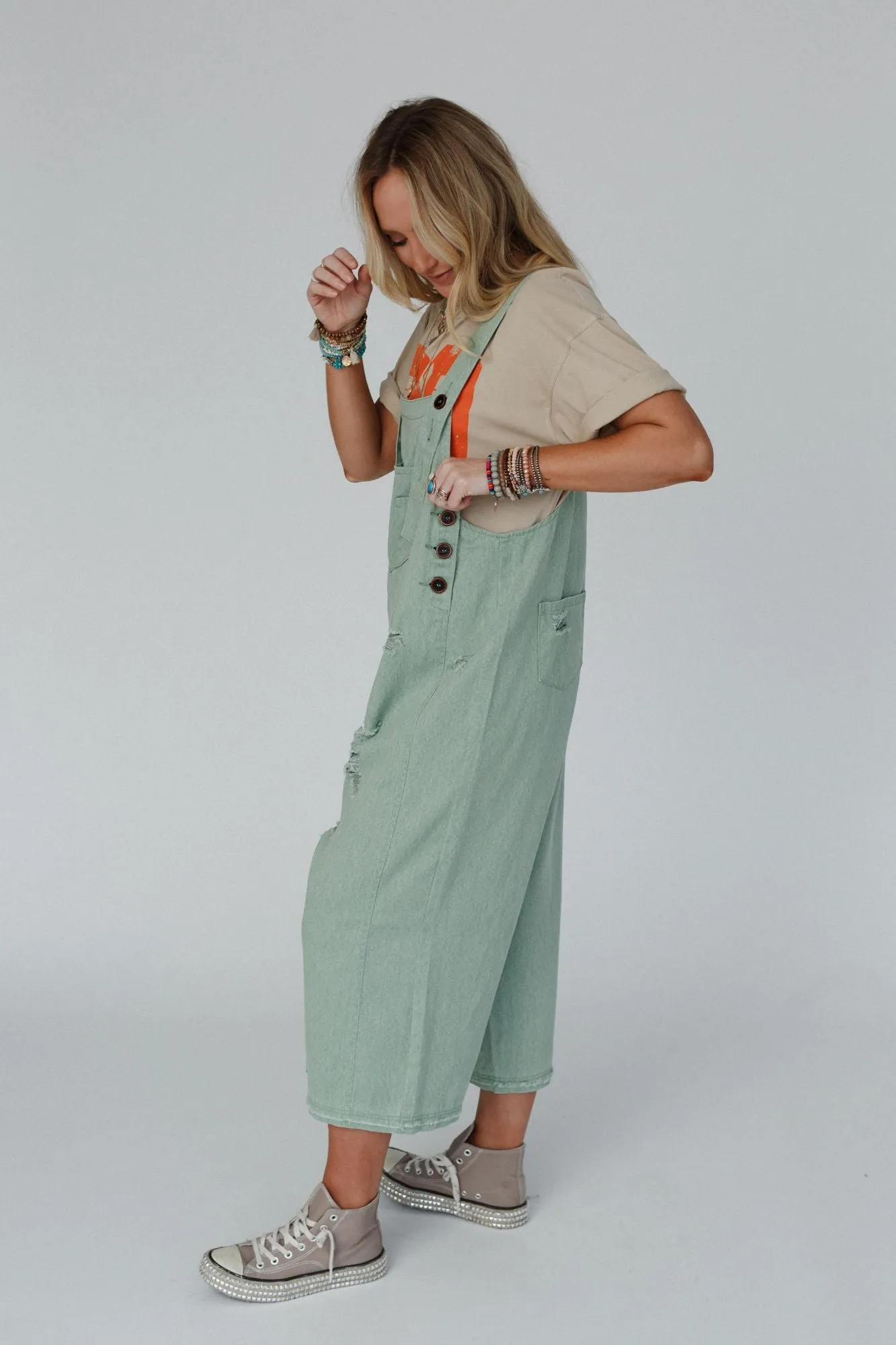 High Hopes Slouchy Denim Overalls - Sage