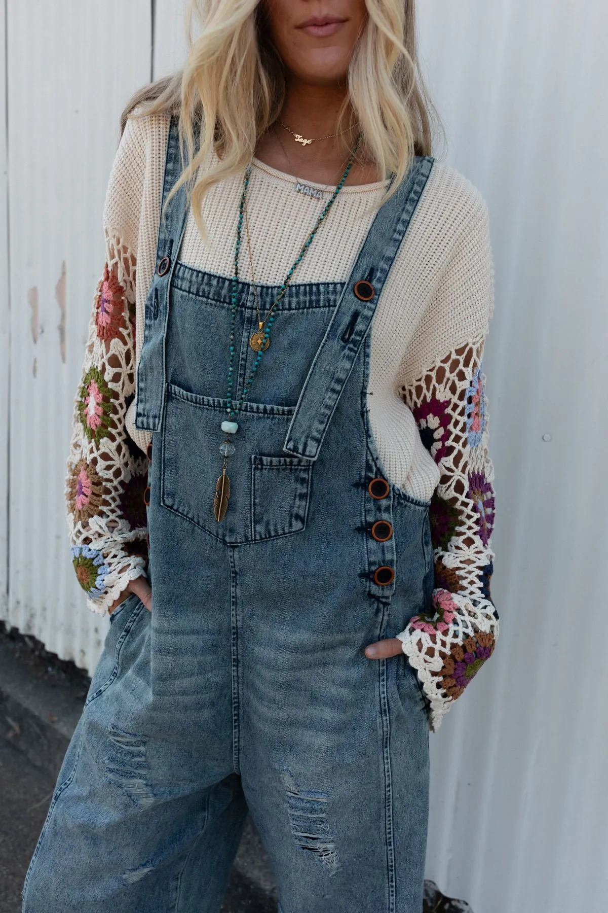 High Hopes Slouchy Pocket Denim Overalls - Blue Pockets