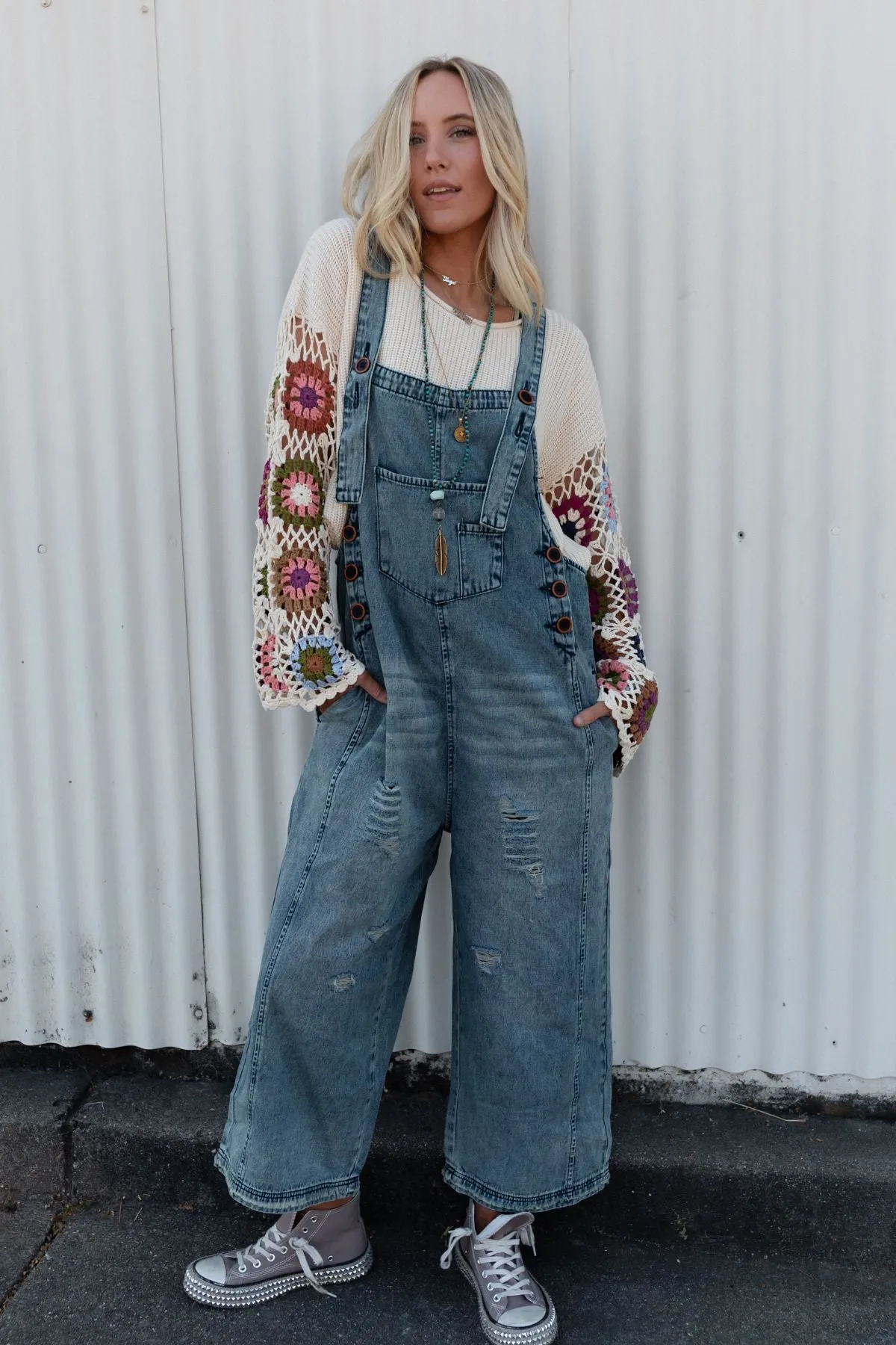 High Hopes Slouchy Pocket Denim Overalls - Blue Pockets