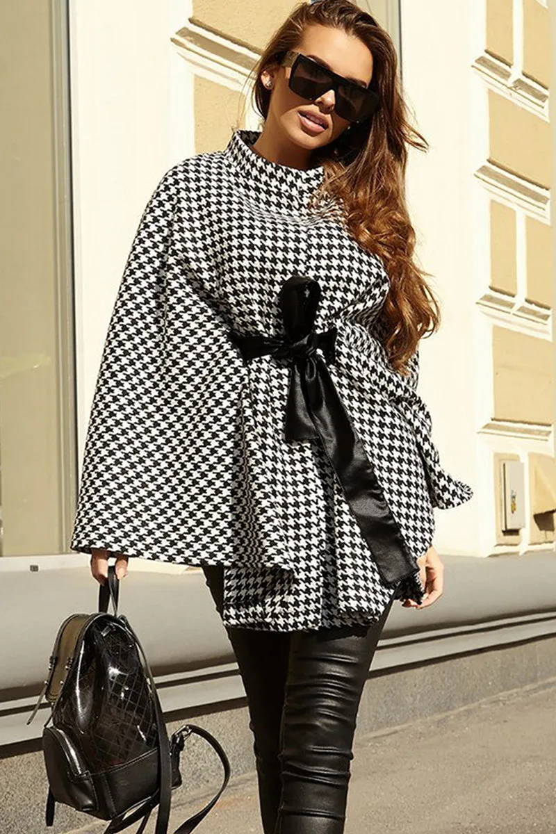 Houndstooth Tie Waist Trench Coat