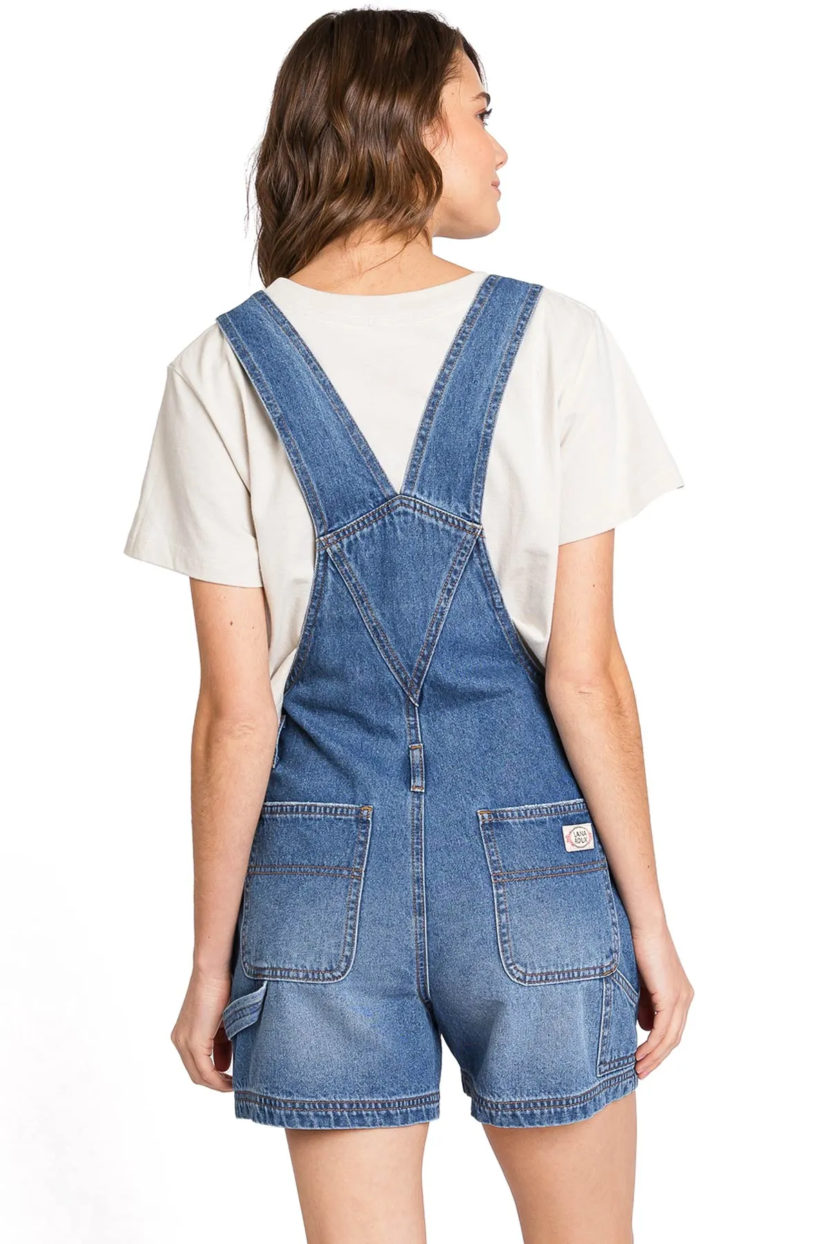 Lana Roux 90s Retro Utility Denim Romper Short Overalls