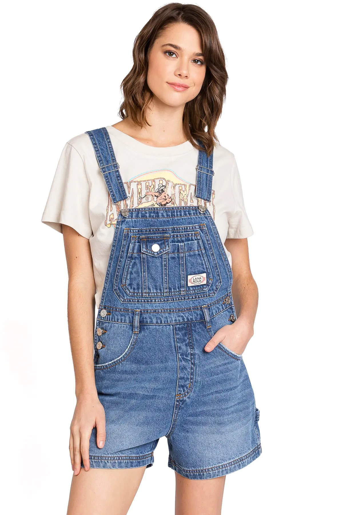 Lana Roux 90s Retro Utility Denim Romper Short Overalls