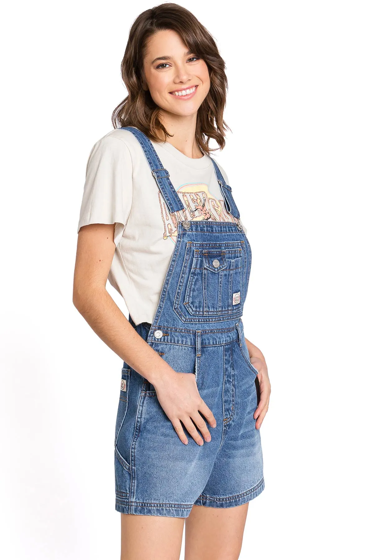 Lana Roux 90s Retro Utility Denim Romper Short Overalls