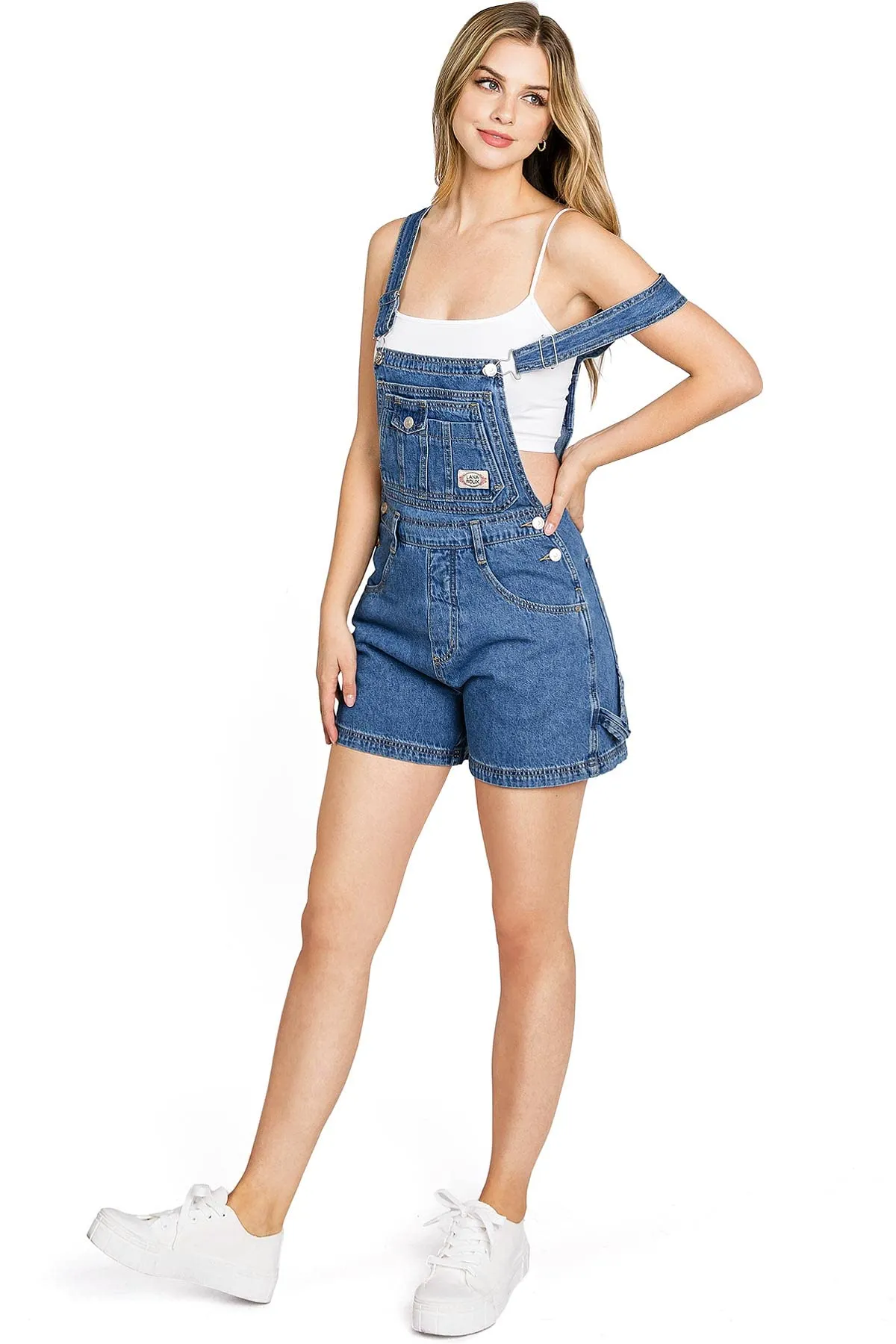 Lana Roux 90s Retro Utility Denim Short Overalls