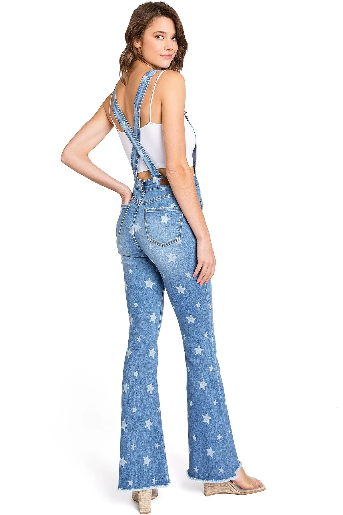 Lana Roux Star Print Button Denim Flare Overalls