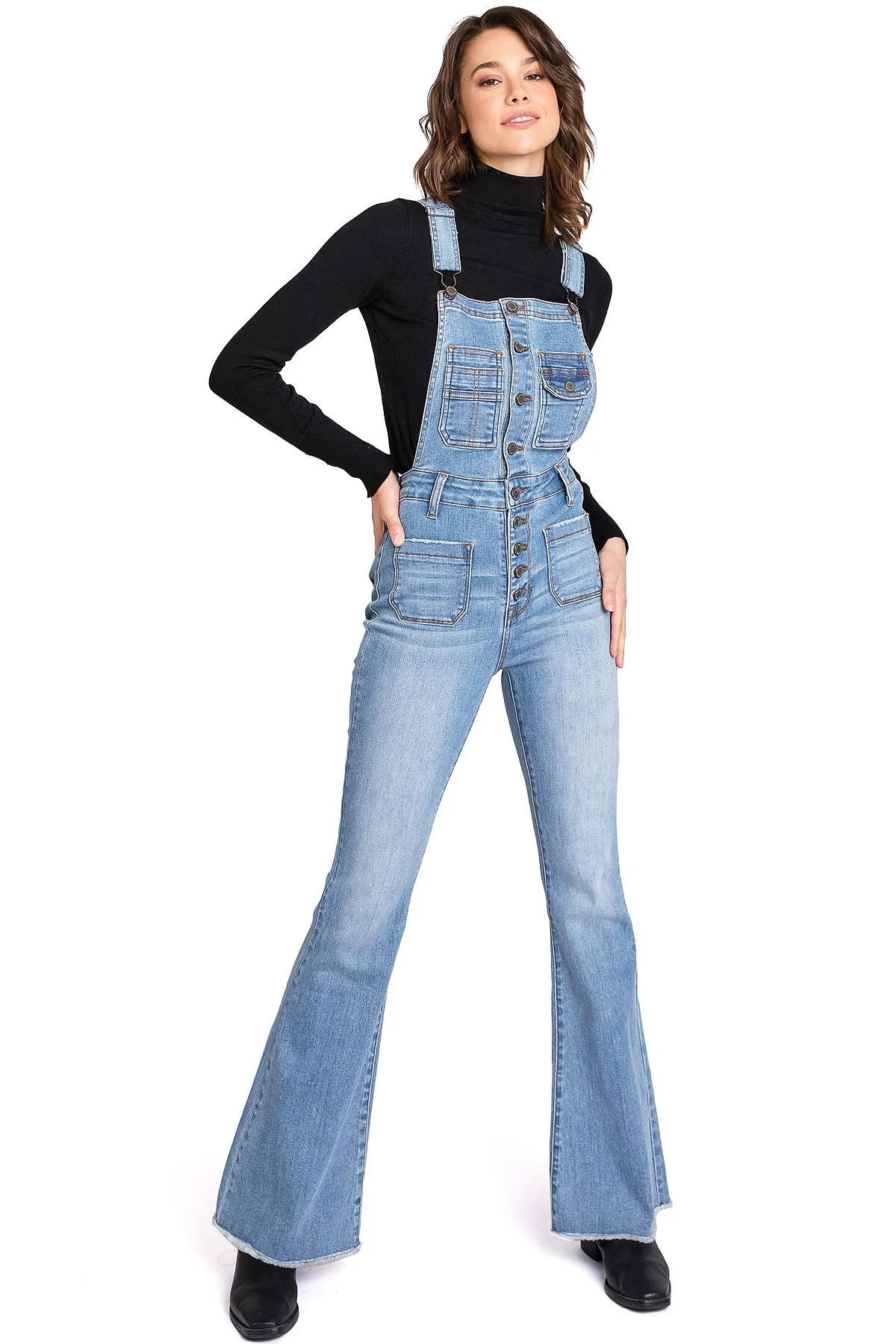 Lana Roux Star Print Button Denim Flare Overalls