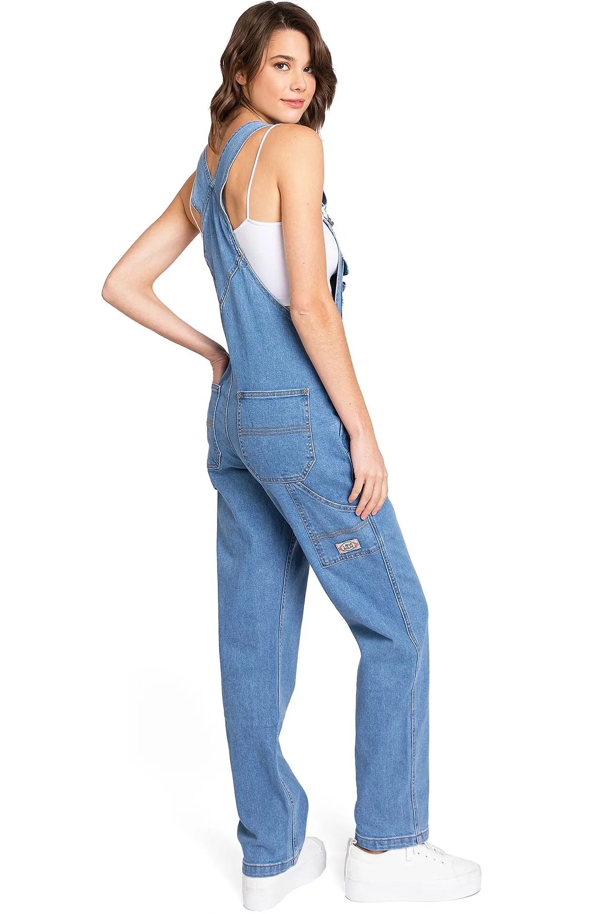 Lana Roux Stretchy Denim Straight-Leg Jean Overalls