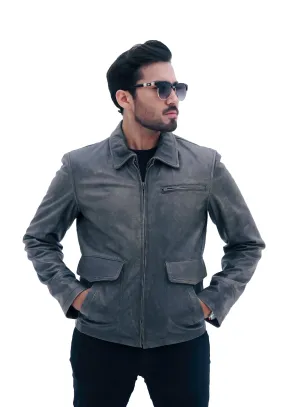 MEN'S AVIATOR DISTRESS BLACK GREY REAL LEATHER JACKET