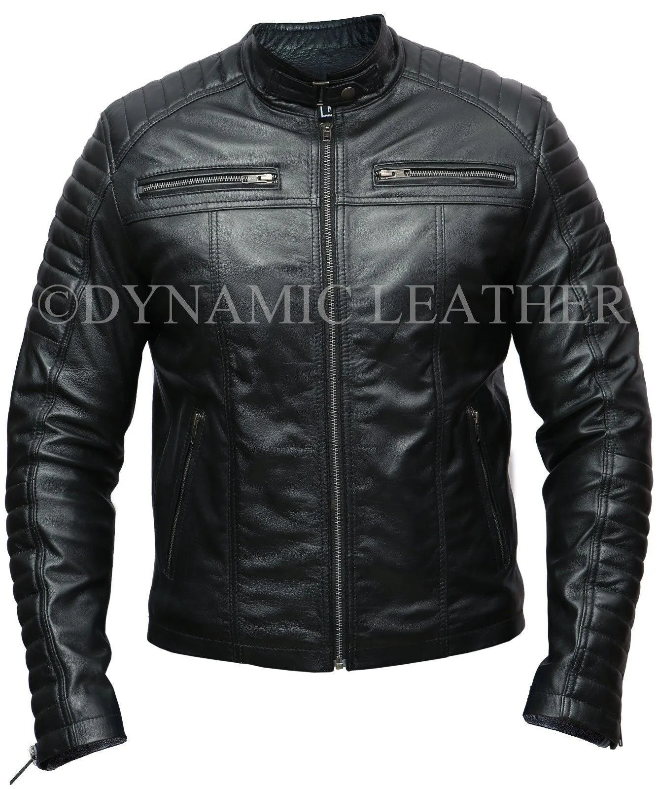 Mens Biker Classic Diamond Racer Black Soft Real Leather Jacket