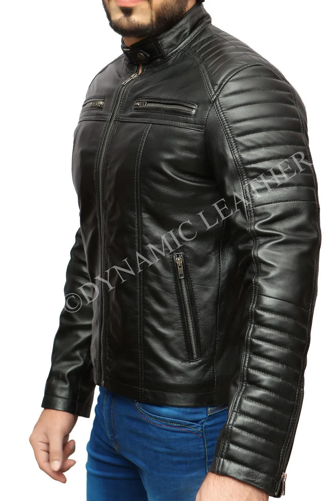 Mens Biker Classic Diamond Racer Black Soft Real Leather Jacket