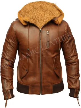 Mens Biker Retro Brown Detach Hooded Fur Real Leather Bomber Motorcycle Jacket