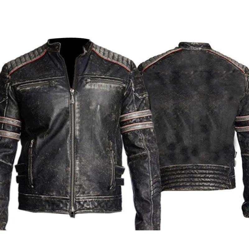 Mens Biker Vintage Motorcycle Distressed Black Retro Leather Jacket