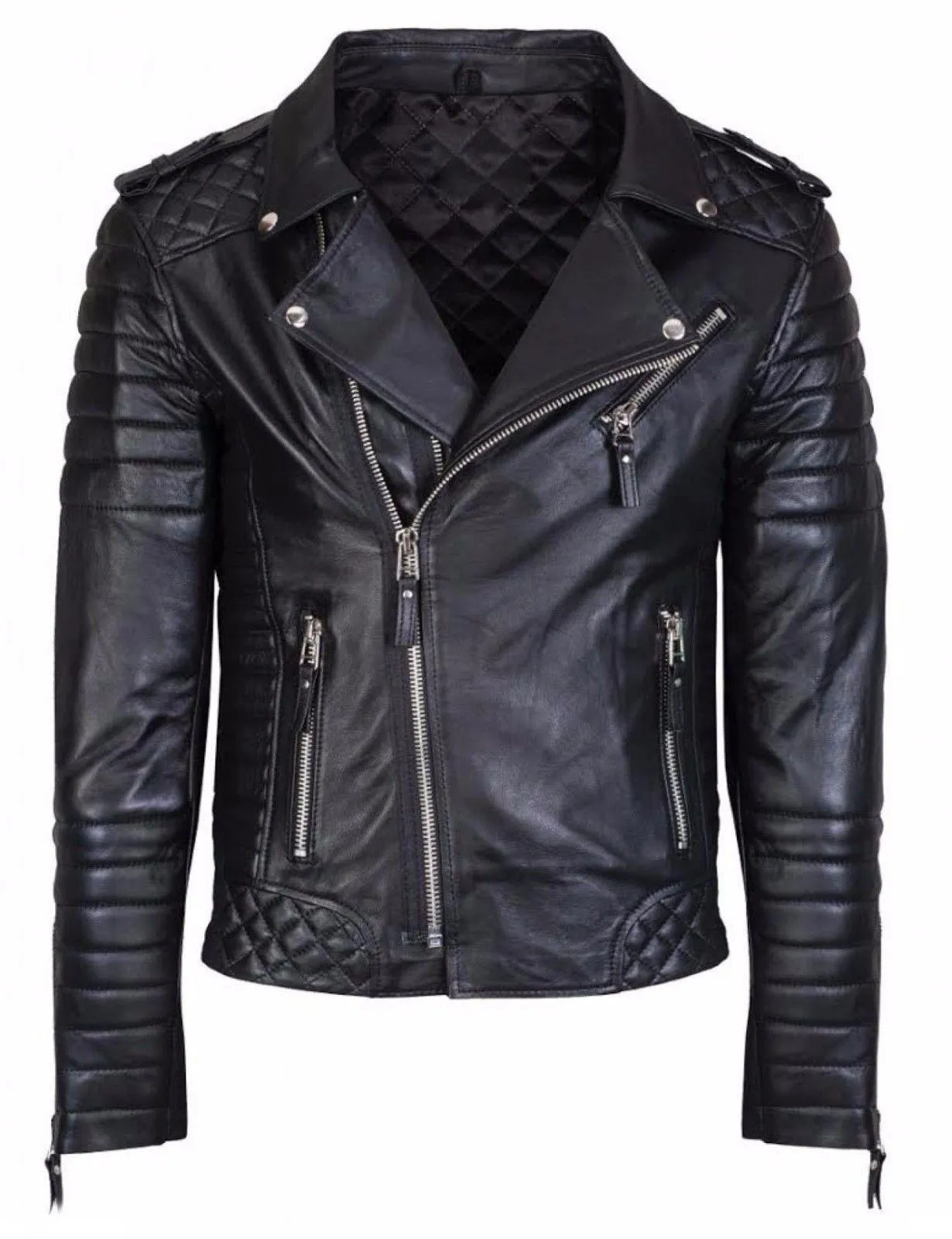 Men's Diamond Quilted Kay Michael Soft Leather Black Slim Fit Biker Jacket-BNWT