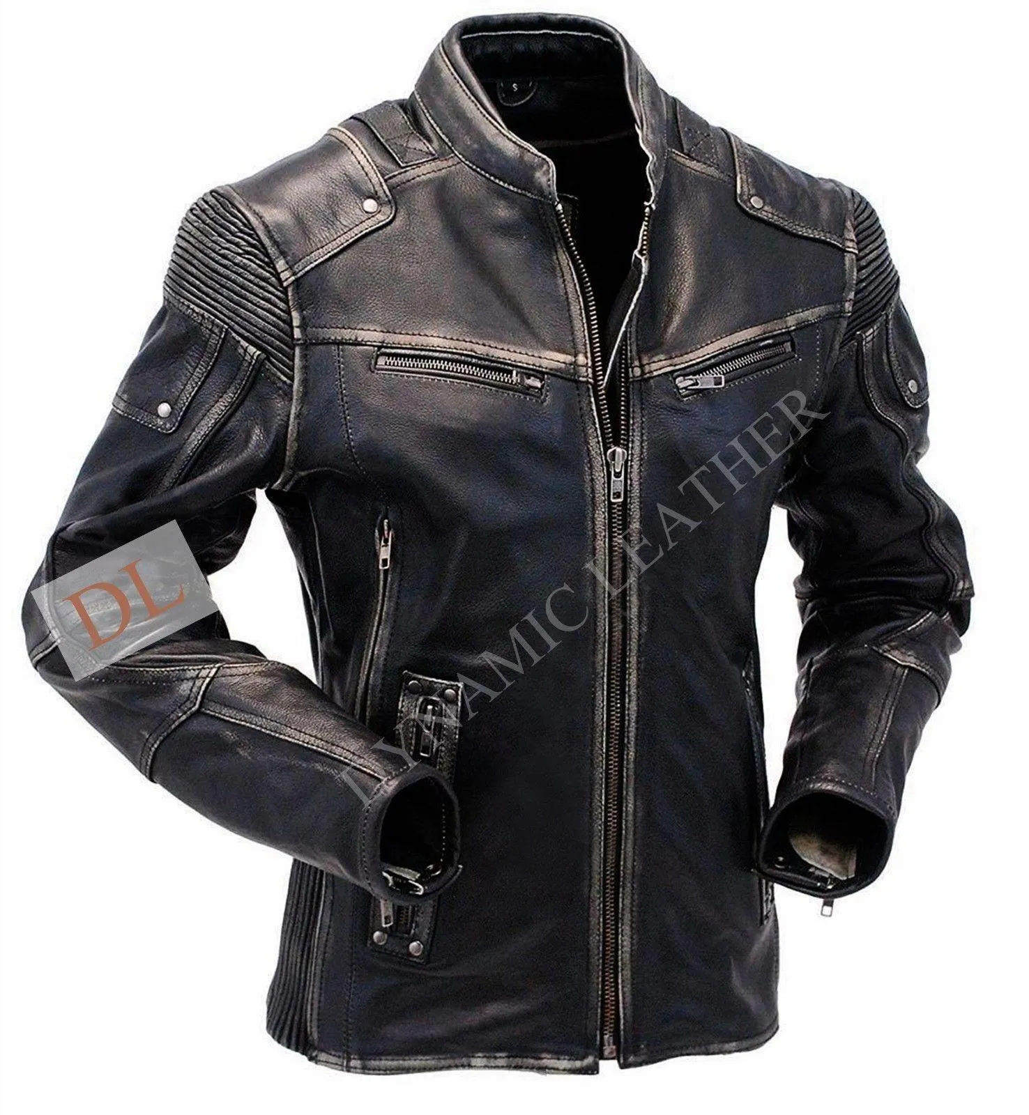 MENS VINTAGE RIVET BLACK DISTRESSED MOTORCYCLE COWHIDE LEATHER JACKET