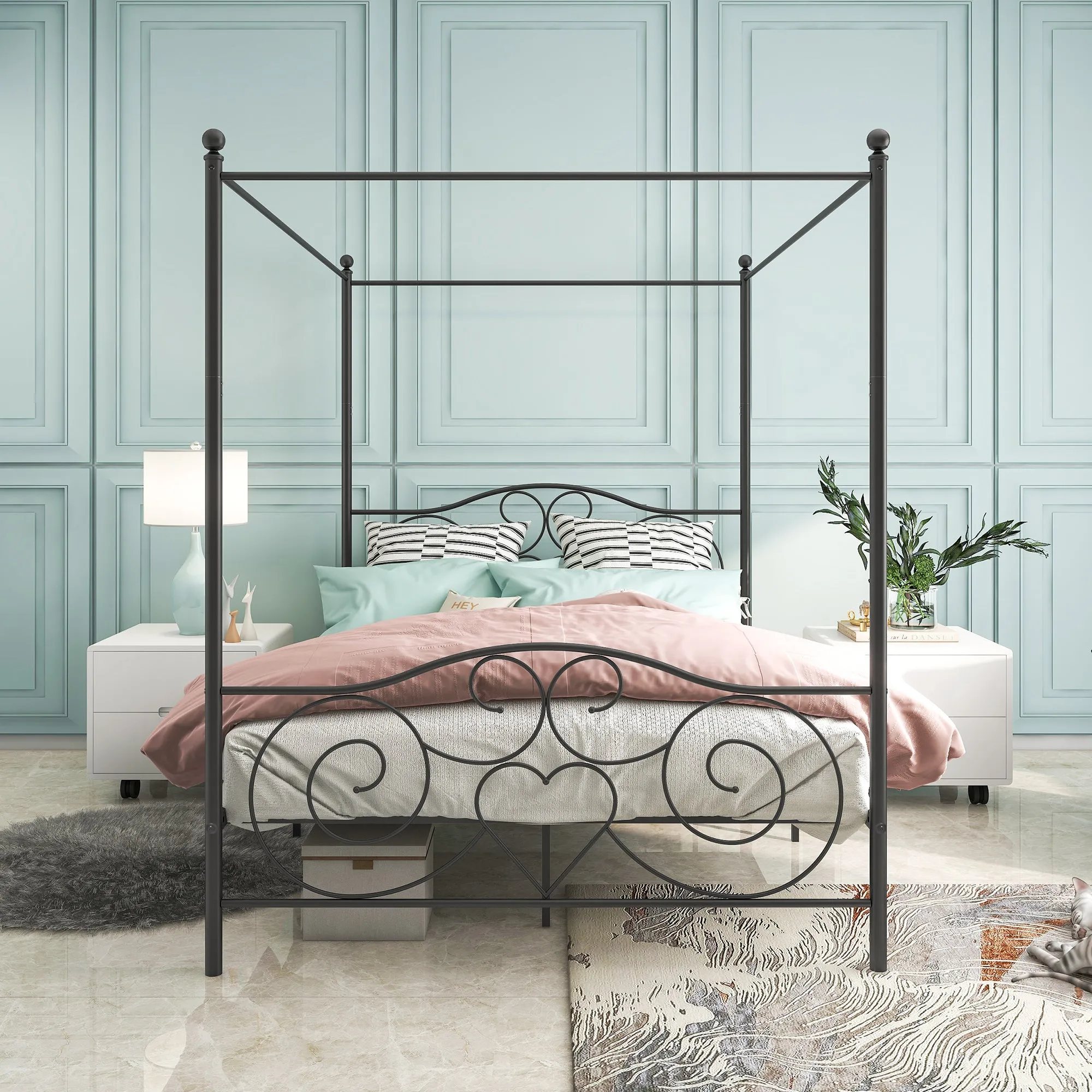 Metal Canopy Bed Frame with Vintage Style Headboard & Footboard , Easy DIY Assembly All Parts Included, Queen Black(same as 748G-BK)