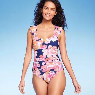 New - Kona Sol Women's Ruffle Sleeve One Piece Swimsuit Full Coverage Swimwear