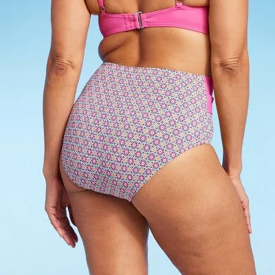 New - Lands' End Women's UPF 50 Full Coverage Geo Print High Waist Twist-Front Bikini Bottom - Pink/Orange L