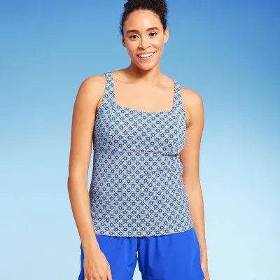 New - Lands' End Women's UPF 50 Geo Print Border Underwire Square Neck Tankini Top - Blue 2