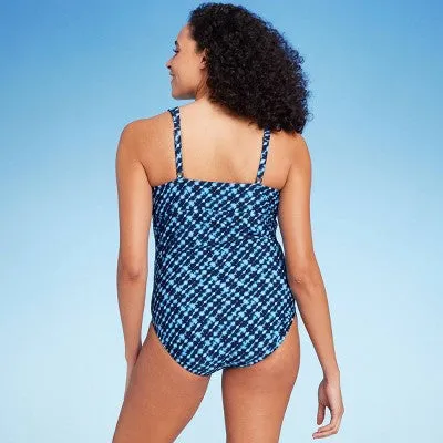 New - Lands' End Women's V-Neck One Piece Swimsuit Tummy Control Swimwear, Blue M